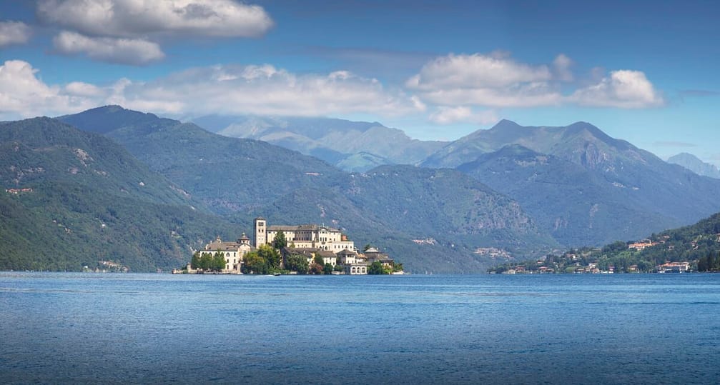 Orta Lake landscape. Orta San Giulio village and island Isola S.Giulio view, Italy