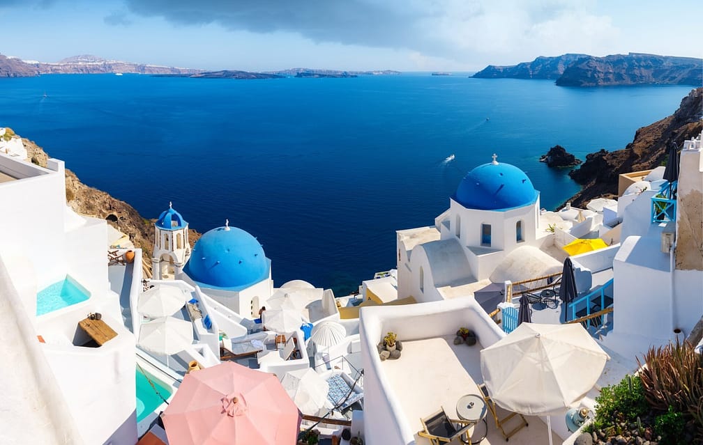 Santorini, Greece. Panoramic view of traditional houses in Santorini.