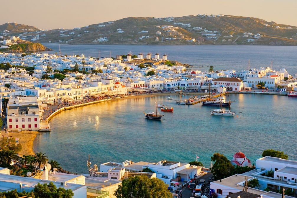 Mykonos island port with boats, Cyclades islands, Greece
