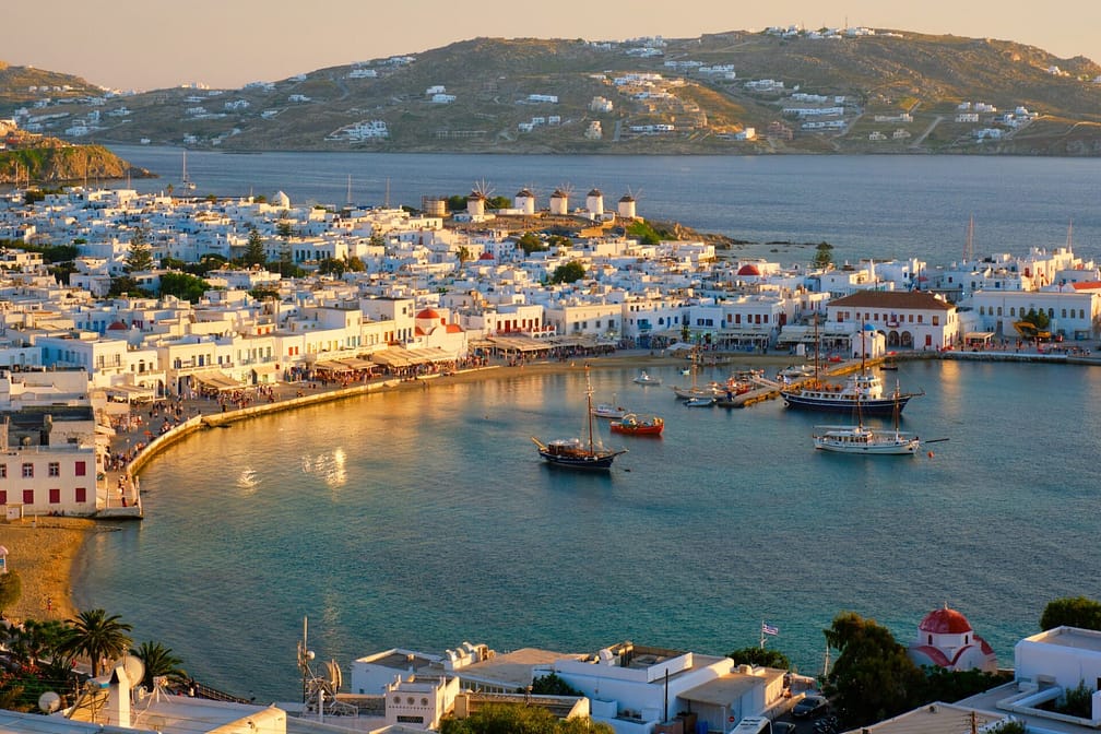 Mykonos island port with boats, Cyclades islands, Greece