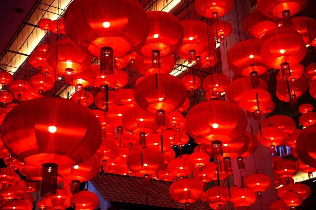 Chinese New year red paper latern decoration in shopping mall.