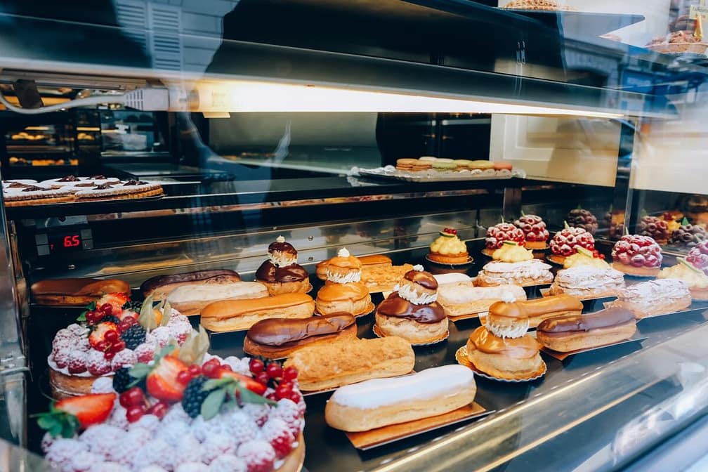 Luxury cakes in a shop window in Paris, France