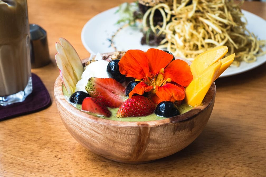 Smoothie bowl with tropical fruit in Bali