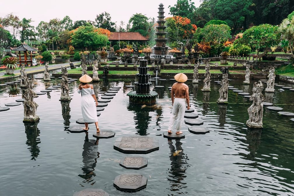 A beautiful couple is traveling on the island of Bali in Indonesia