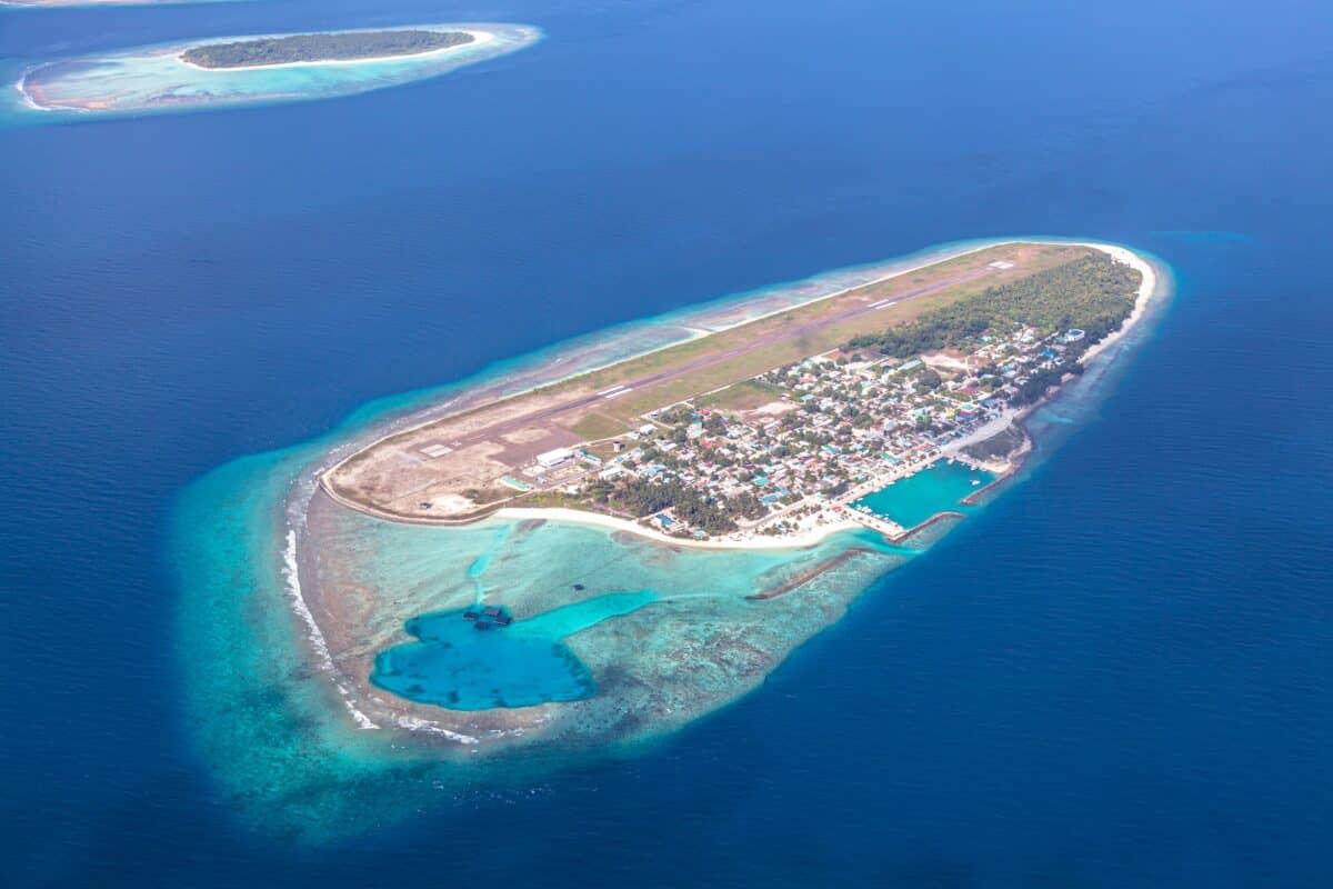 Aerial view of domestic airport in Baa Atoll Maldives