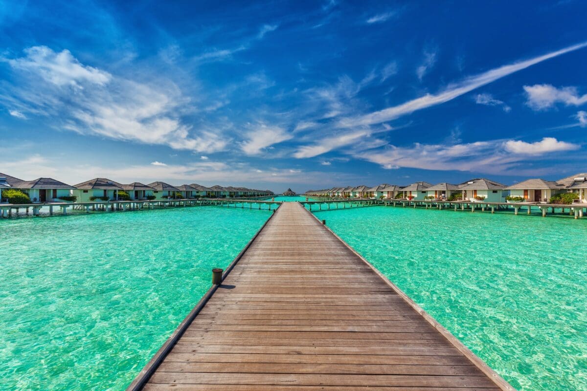 Beautiful water villas on the sea with the bridge, Maldives