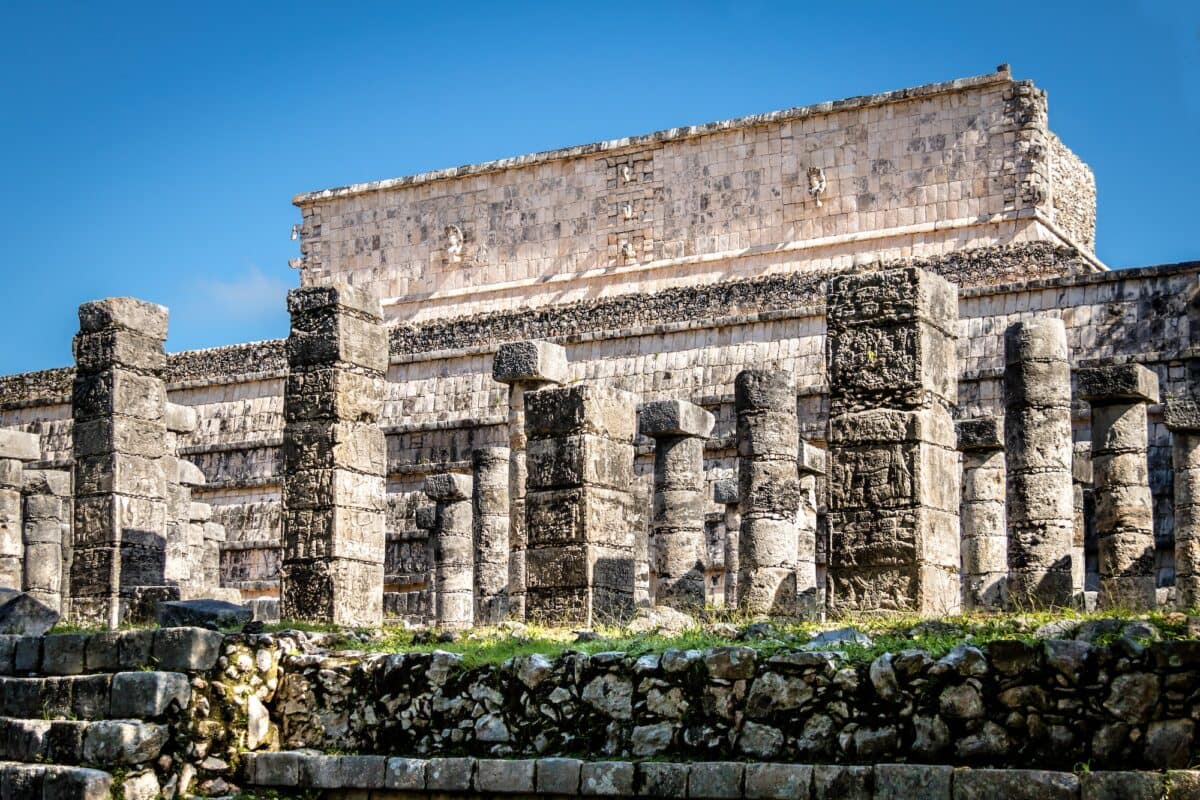 Carved columns at Mayan ruins of Temple of the Warriors in Chichen Itza - Yucatan, Mexico