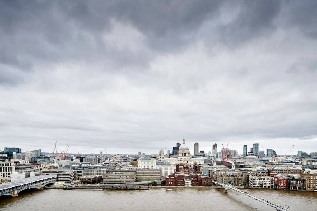 City skyline from Tate Modern, with river Thames and millennium bridge, London, UK