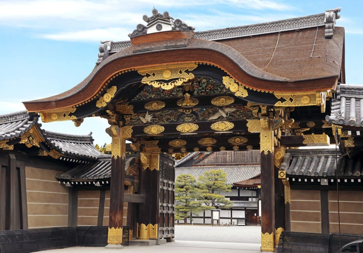Front view of decorated entrance to the Nijo castle in Kyoto in Japan