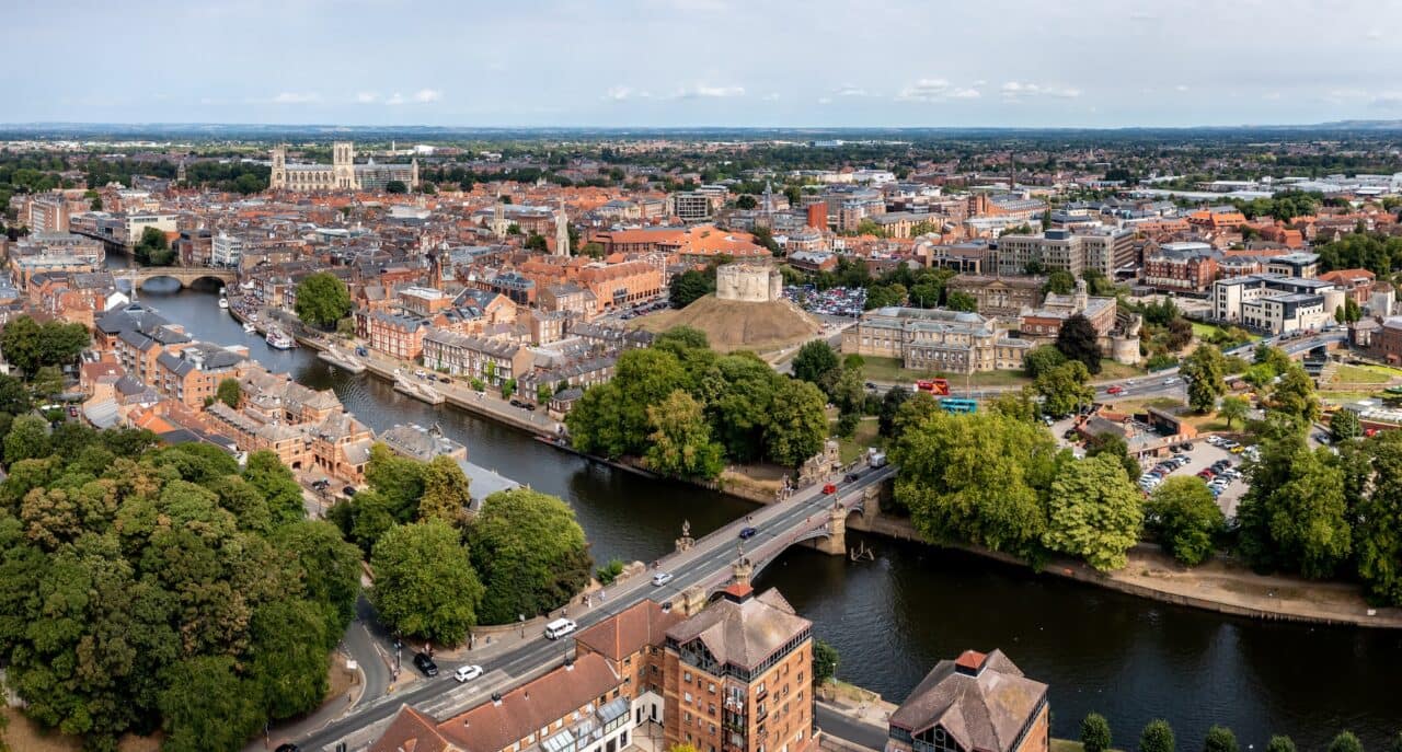Aerial landscape panorama of the River Ouse and a York cityscape skyline