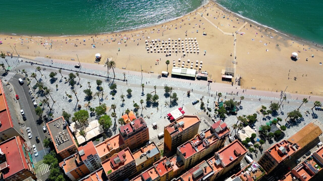 La Barceloneta aerial view. Barcelona city Skyline. Catalonia, Spain. Ciutat Vella district