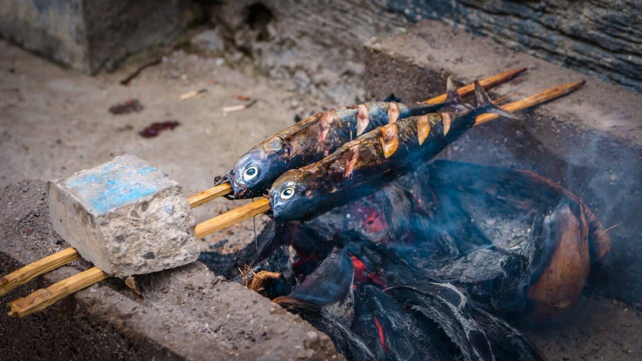 Local Street food - grilled fish, Sardine, Bali