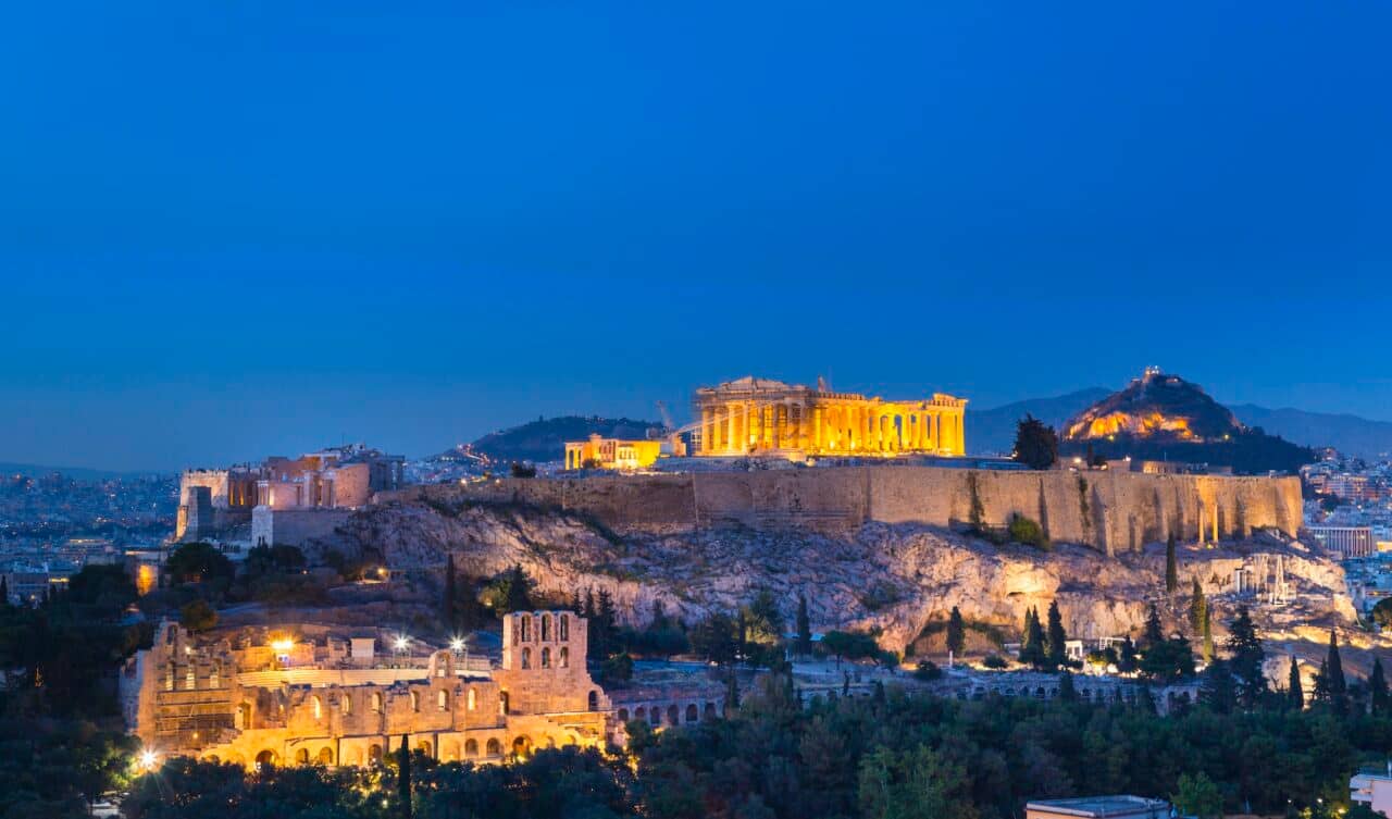 The Acropolis illuminated at night, Athens, Attiki, Greece, Europe