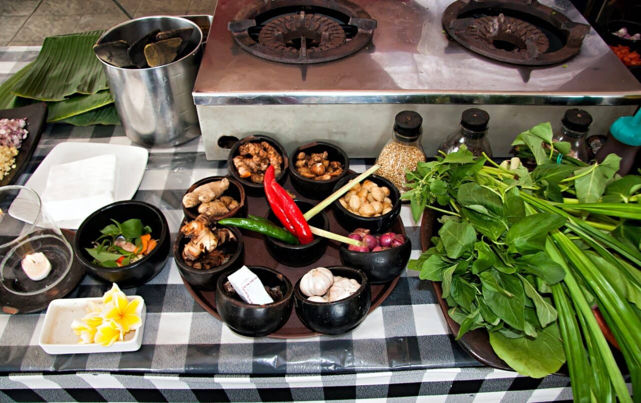 Cooking class, a table with different spices in bowls. Indonesia Bali food