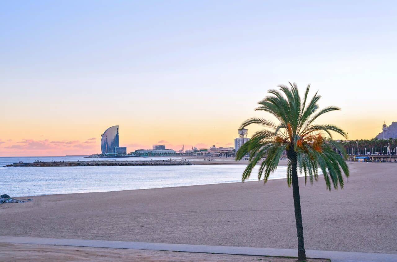 Barcelona Beach at sunset Platja Nova Icaria or Barceloneta view