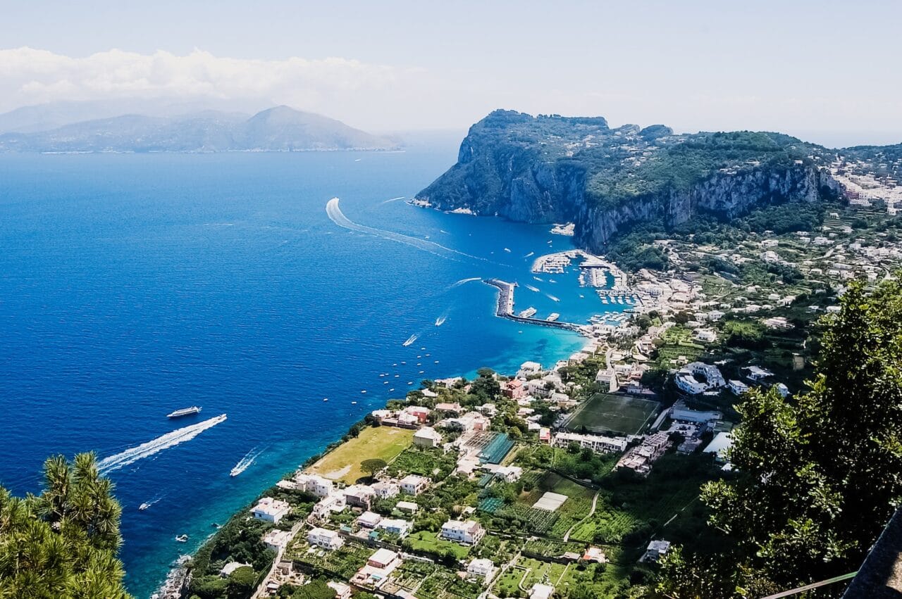 View from the sea of this picturesque Italian Mediterranean city Sorrento