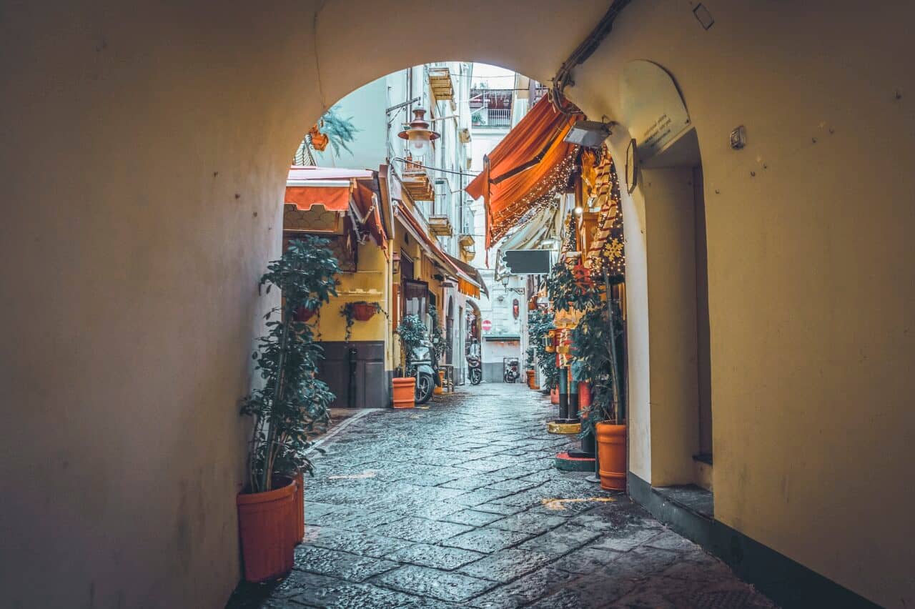 Typical downtouwn street with stores in Sorrento in the south of Italy