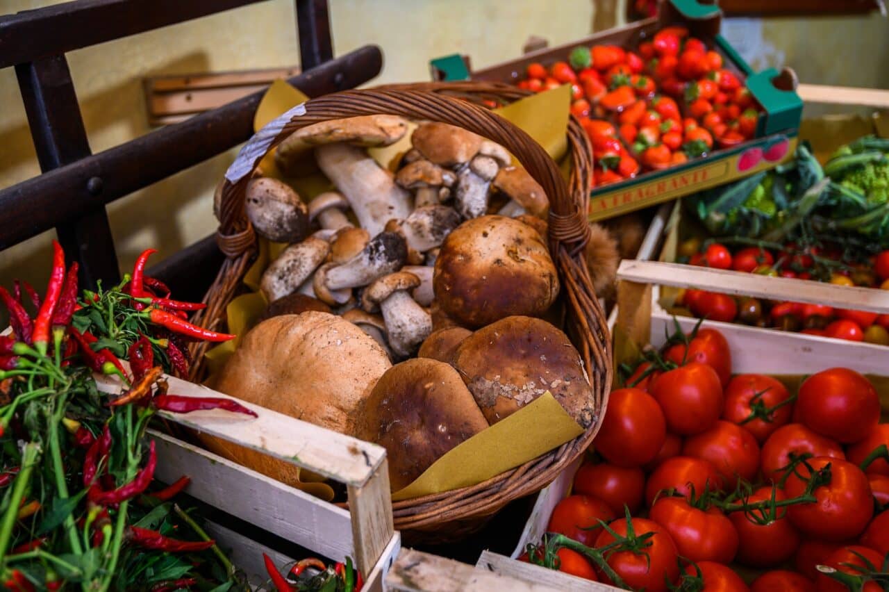 group of various mushrooms, on the display counter in the market. porcini mushrooms. Rome, Italy
