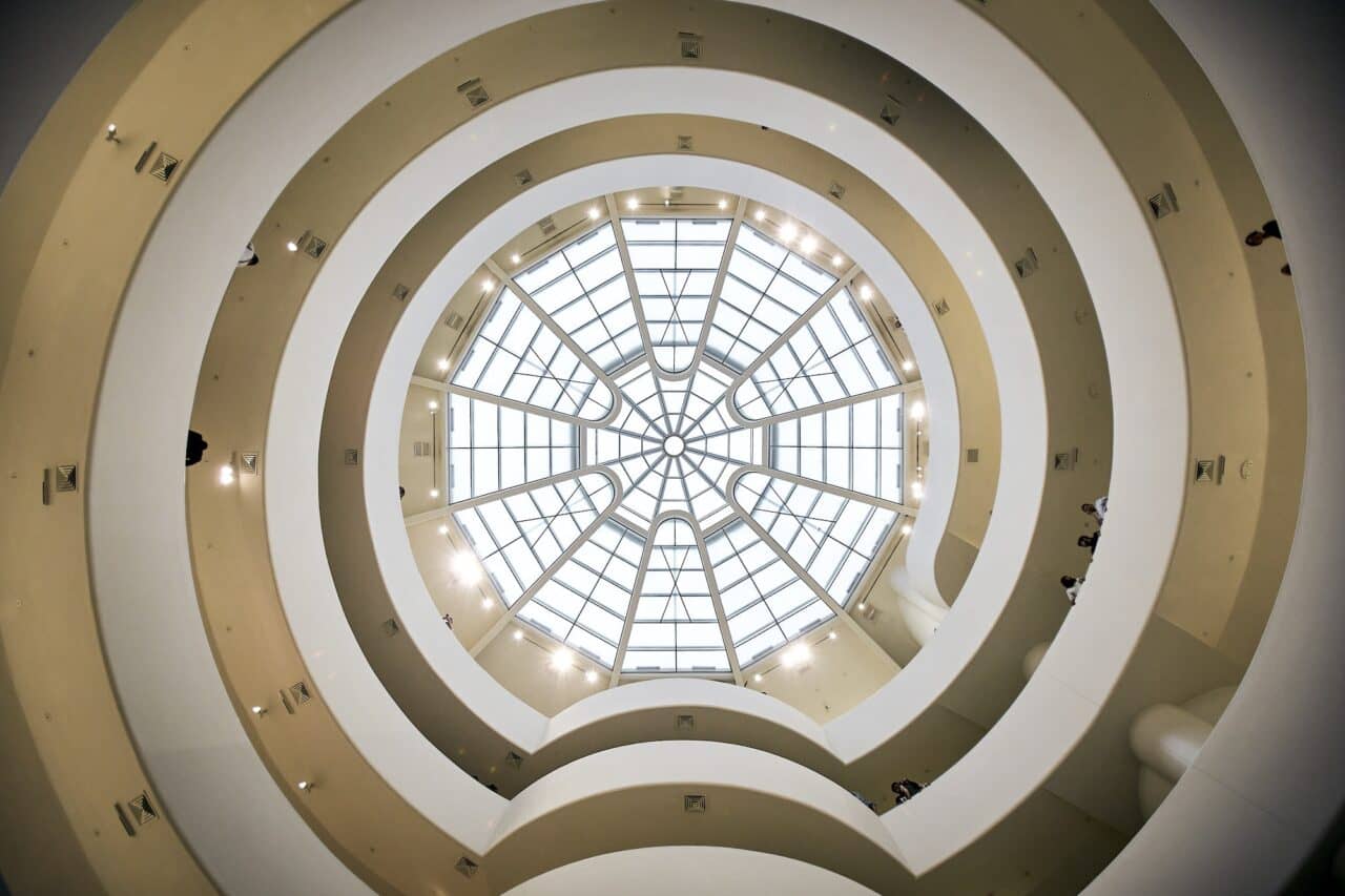 Low angle shot of a beautiful round glass roof in Solomon R. Guggenheim Museum, New York