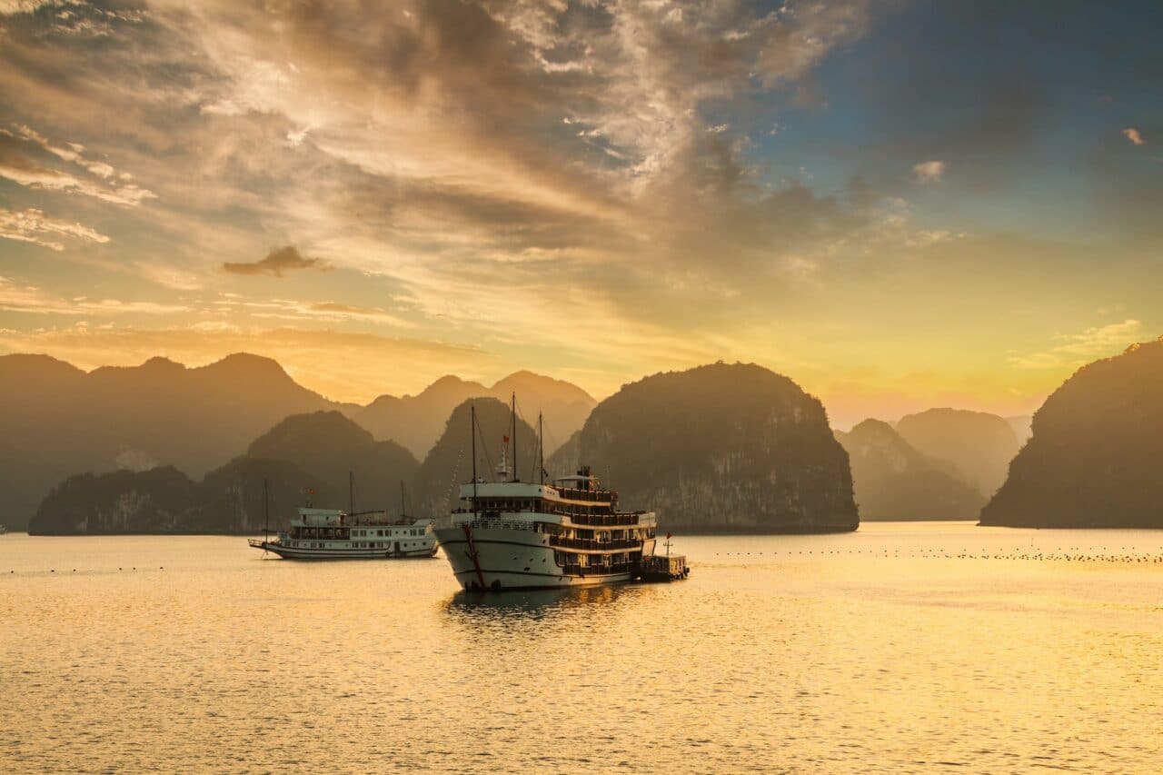 Sunset over the islands of Halong Bay in northern Vietnam.