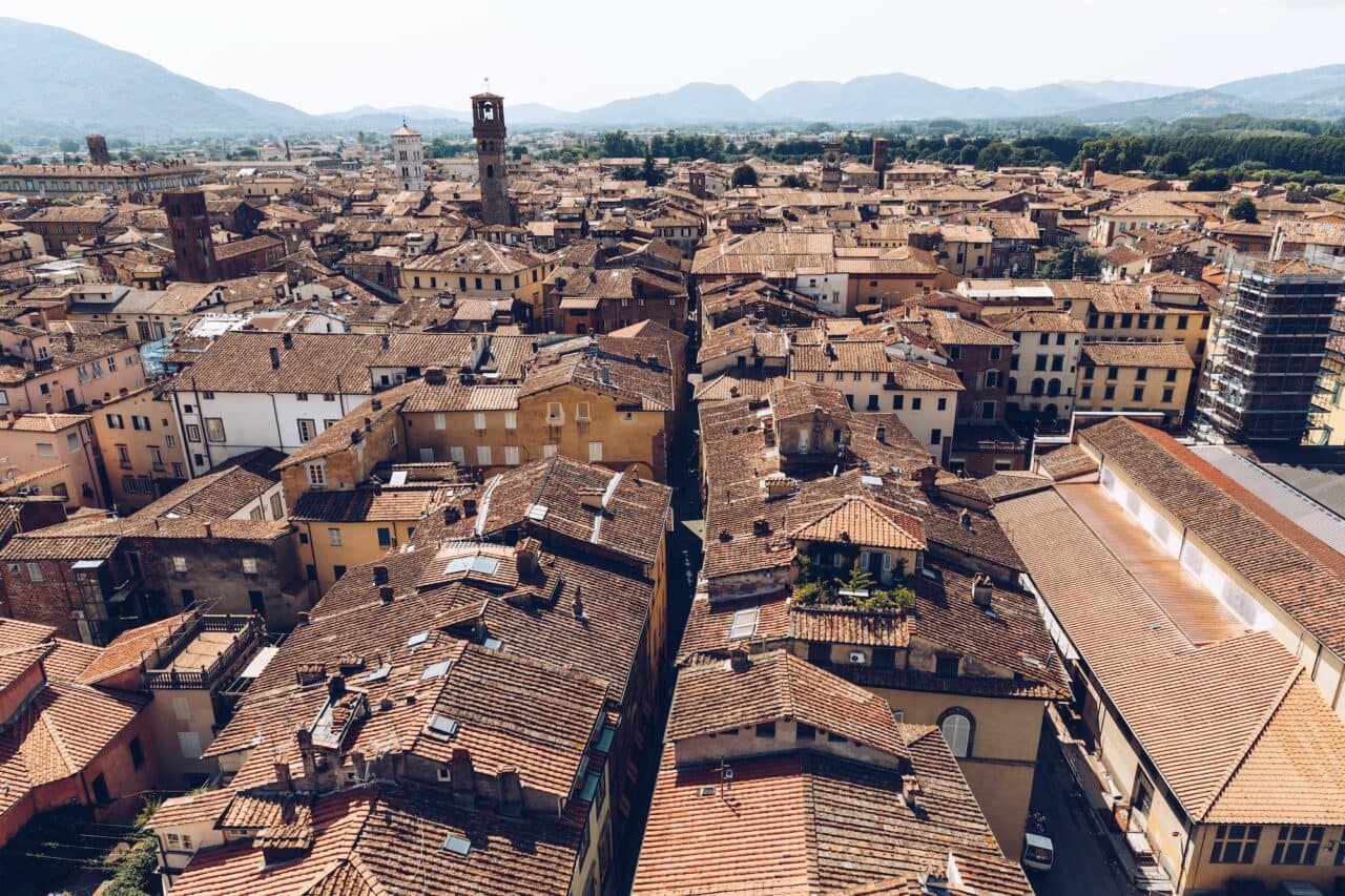 aerial view of ancient roofs of old city, Pisa, Italy