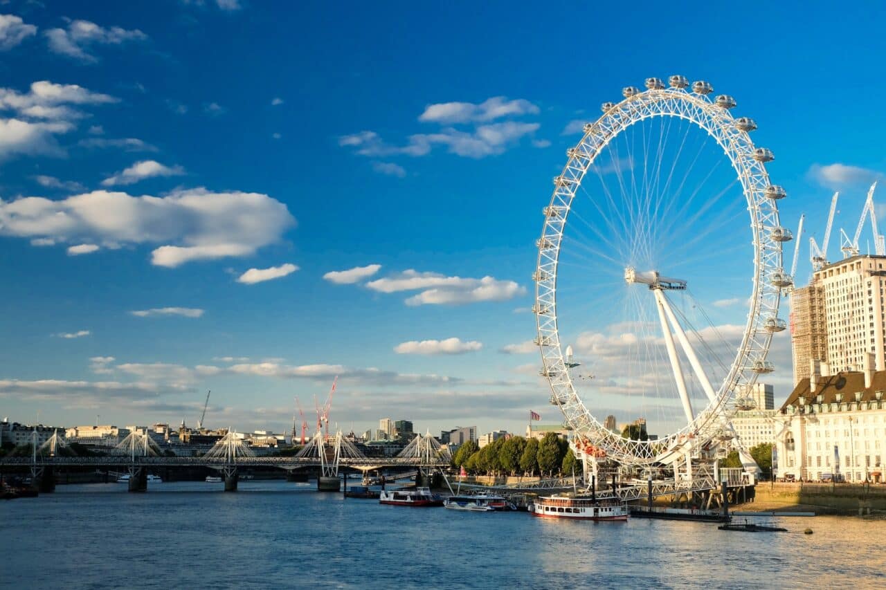 Beautiful iconic London Eye in front of Thames River during sunset.