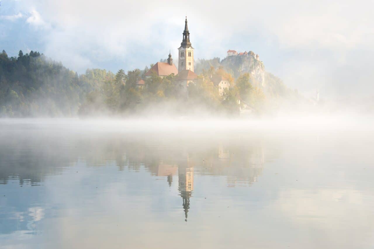 Foggy morning at Lake Bled in Slovenia