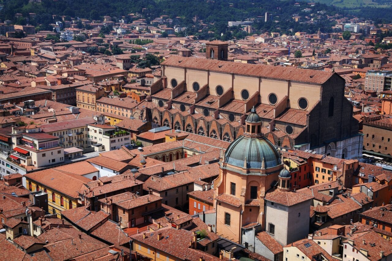 Aerial view of Bologna, Italy city center. Piazza Maggiore, with San Petronio Basilica