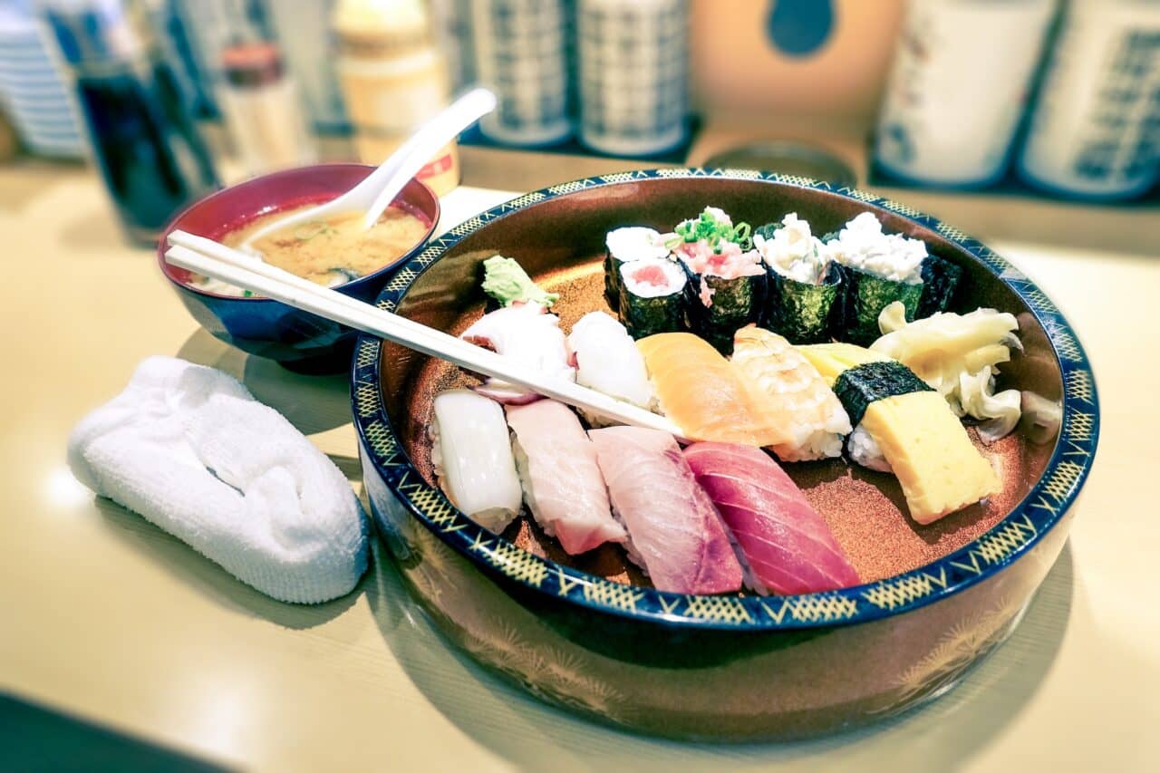 Original plate of nigiri at japanese restaurant in Tokyo city