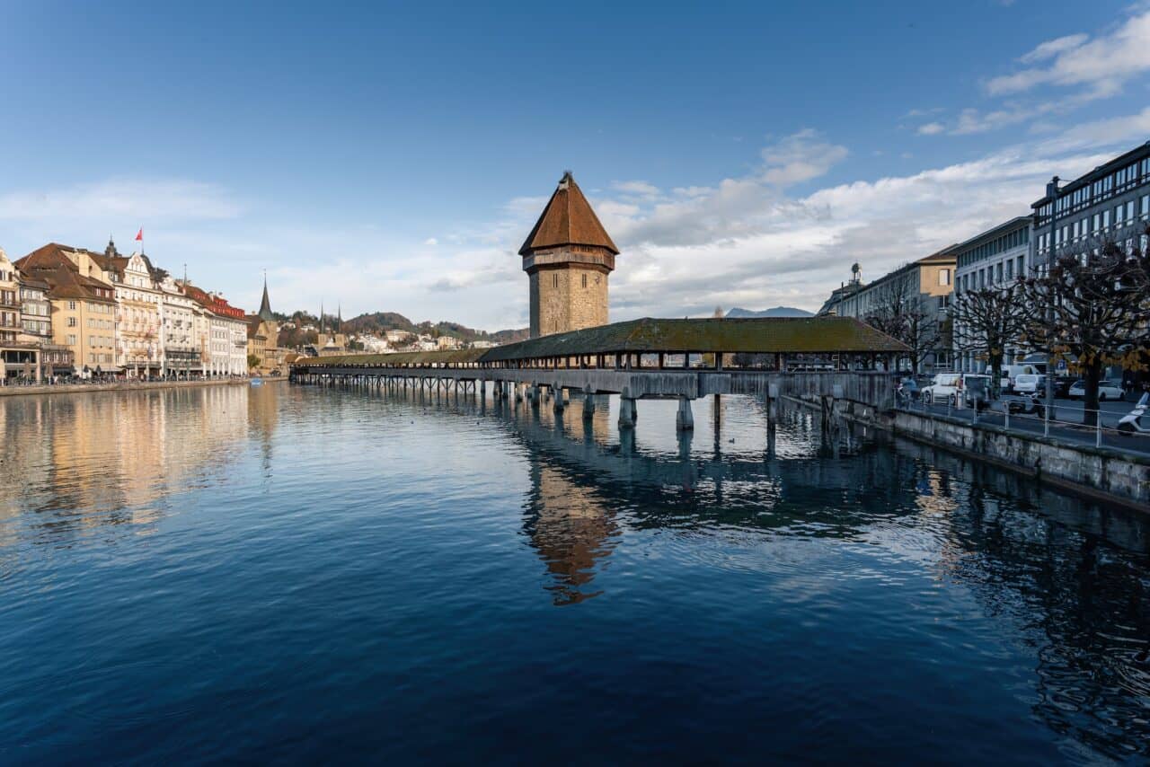 Chapel Bridge (Kapellbrucke) and Reuss River - Lucerne, Switzerland