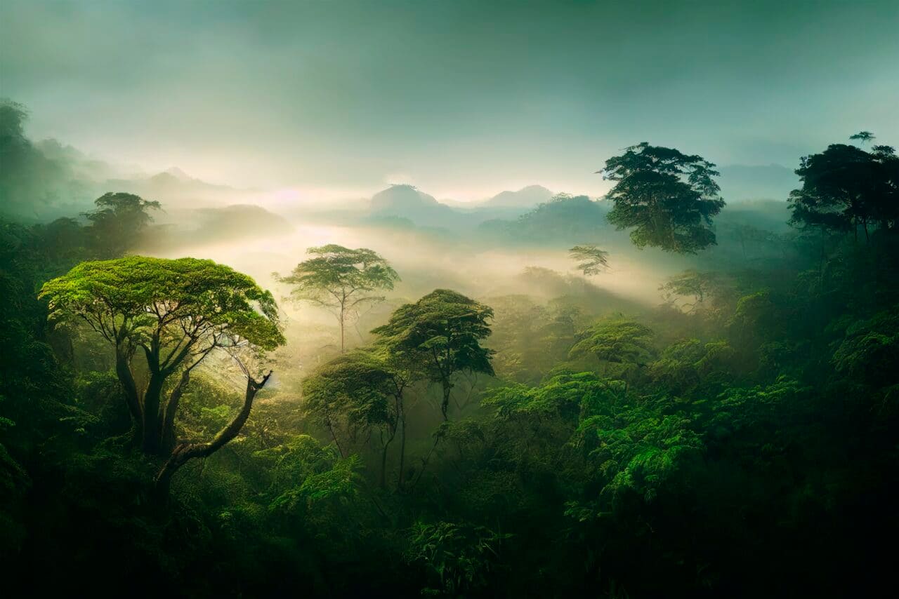 Misty jungle rainforest from above in the morning.