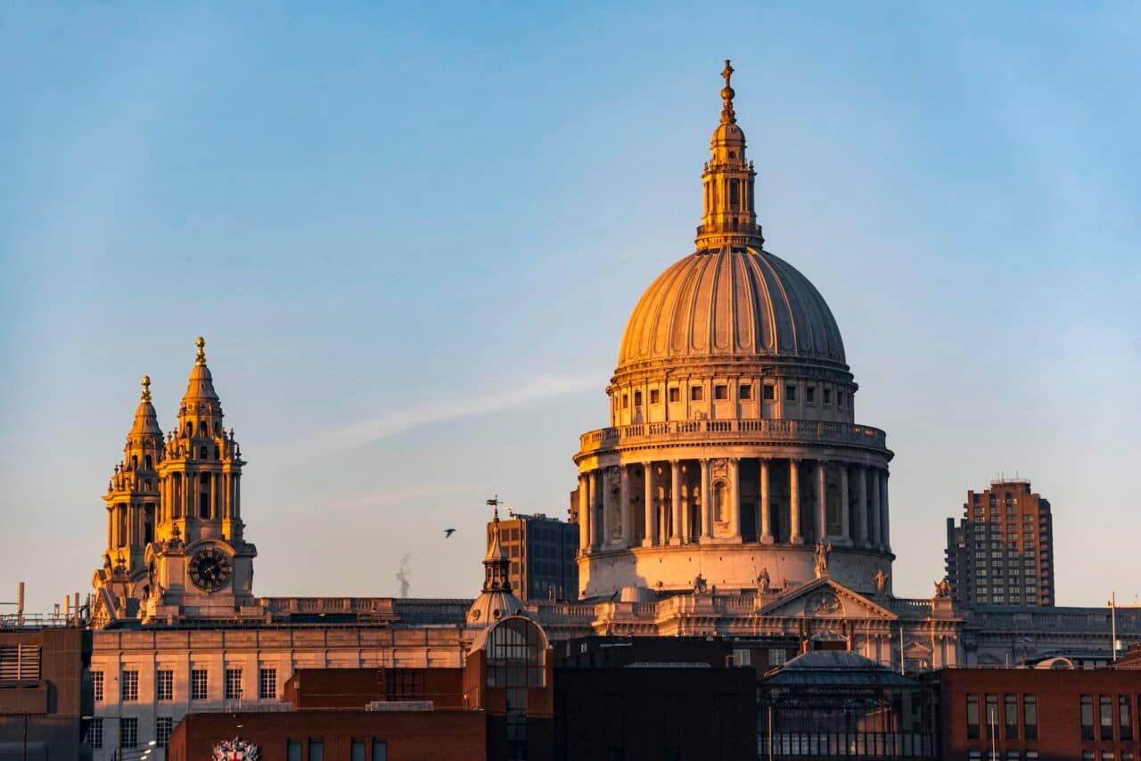 St Pauls Cathedral at sunset, City of London, London, England