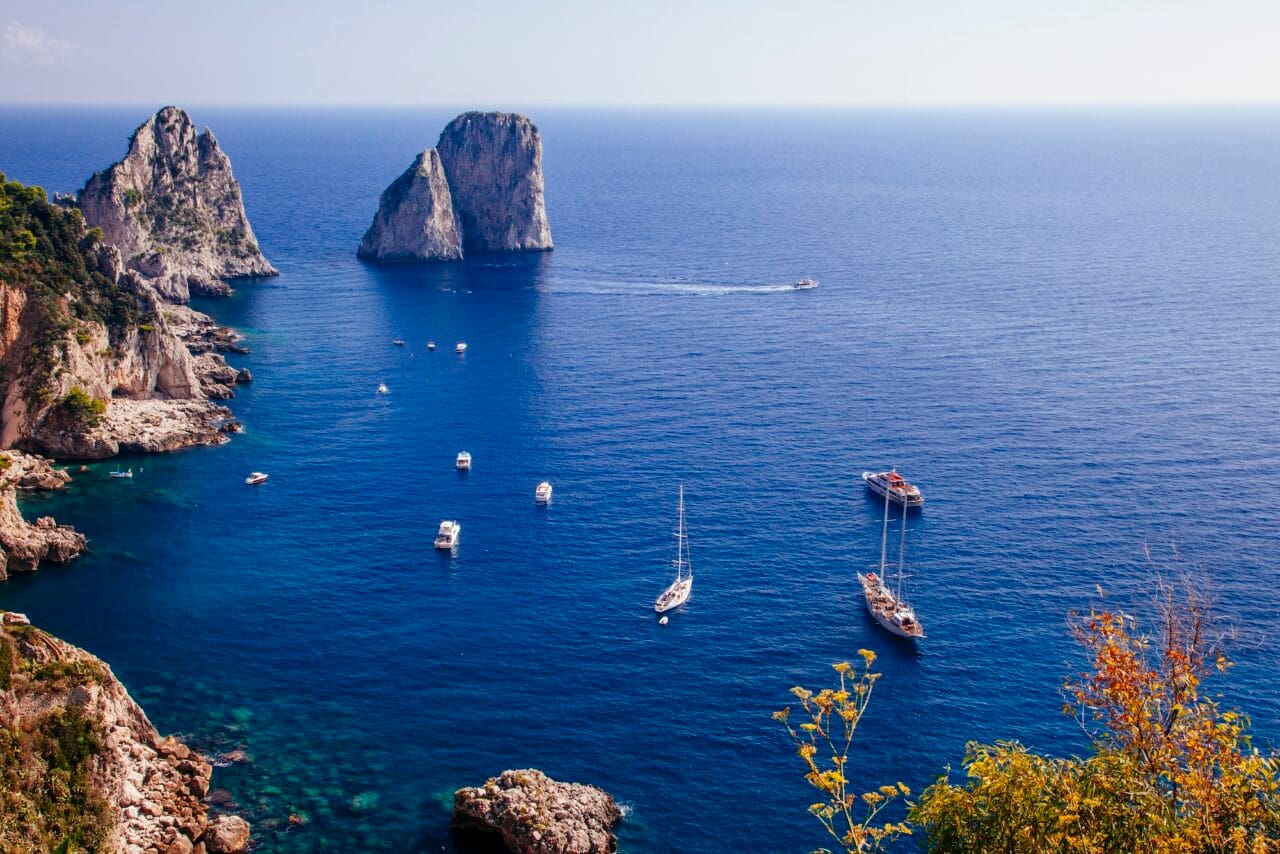 View of rock formations along south coast of Capri, Italy