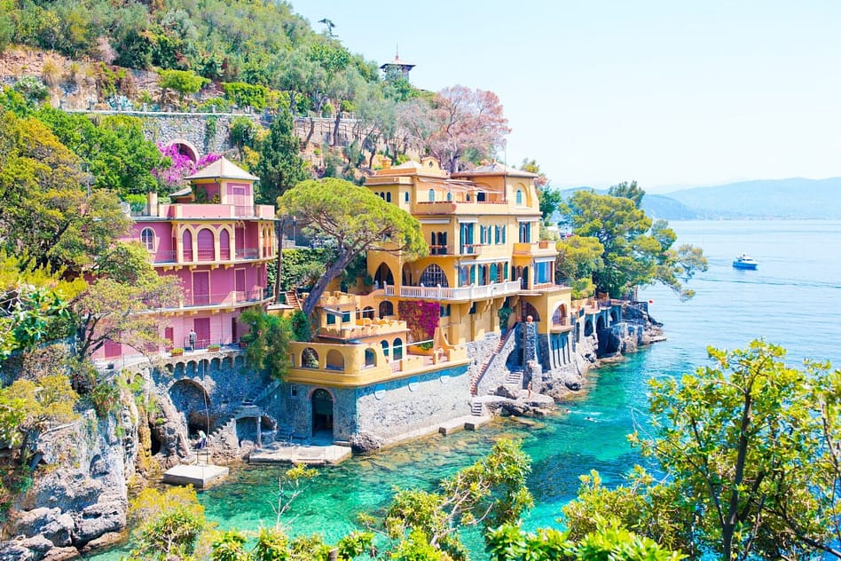 Beautiful sea coast with colorful houses in Portofino, Liguria, Italy. Summer stunning landscape